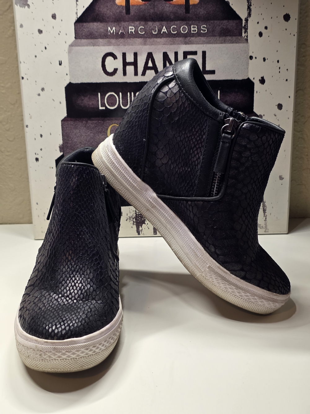 Not Rated Black Snake-Texture Wedge Sneakers with Side Zipper